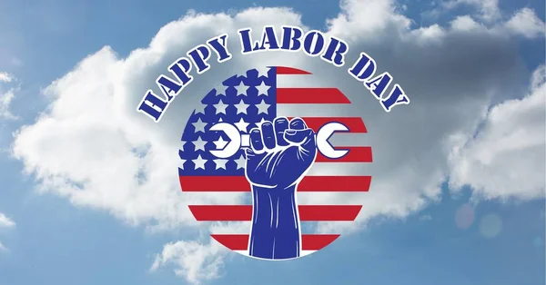 Ευτυχισμένο Κείμενο Ημέρας Εργασίας Πάνω Από Αμερικανική Σημαία Σχεδιασμό Κυκλικό — Φωτογραφία Αρχείου