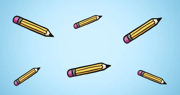 Skład Żółtych Ołówków Unoszących Się Jasnoniebieskim Tle Koncepcja Szkoły Edukacji — Zdjęcie stockowe
