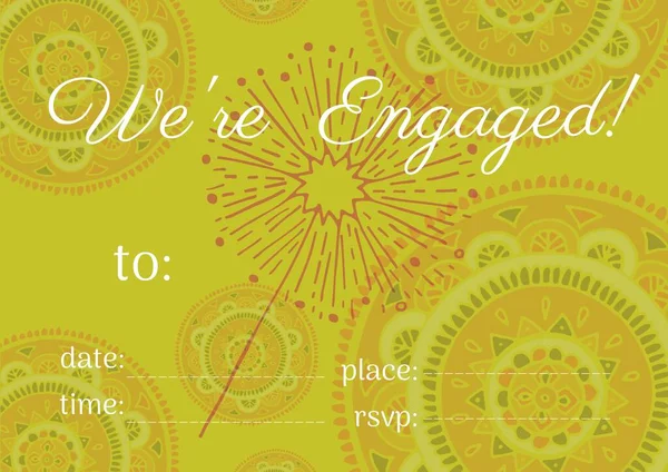 私たちは 黄色の背景に装飾的な花のデザインに対するコピースペースでテキストを従事しています 婚約祝いと招待状カードテンプレートのデザインコンセプト — ストック写真