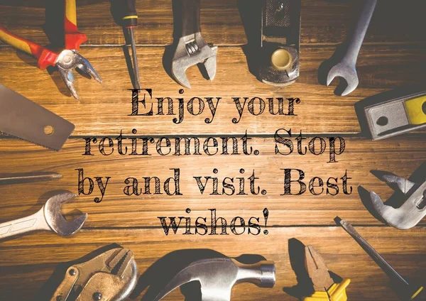 Composition Happy Retirement Wishes Tools Wooden Surface Senior Years Retirement — Stock Photo, Image