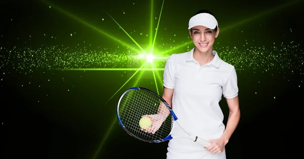 Kvinnlig Tennisspelare Håller Racket Och Tennisboll Mot Gröna Glödande Gnistrar — Stockfoto