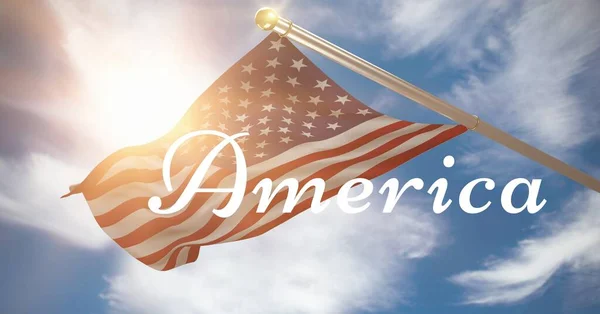 在阳光明媚的蓝天中 美国白旗在杆子上飘扬的文字成分 爱国主义 独立和庆祝概念数字生成的形象 — 图库照片