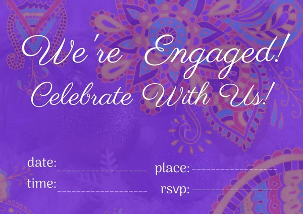 与紫色背景的五颜六色花卉图案相映成趣的订婚和庆祝文字 订婚庆祝和邀请卡模板设计概念 — 图库照片