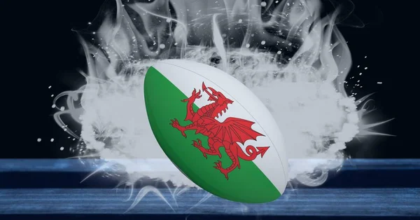 Wales Zászló Rögbi Labda Felett Felület Ellen Füst Hatása Fekete — Stock Fotó