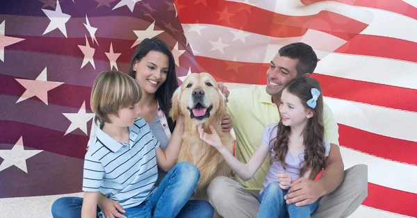 Composition Smiling Caucasian Couple Son Daughter Pet Dog American Flag — Stock Photo, Image