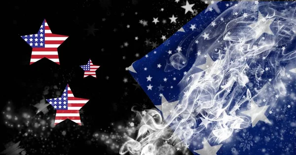 Kompozycja Amerykańskich Kształtów Gwiazd Flagi Białymi Gwiazdami Białym Dymem Niebiesko — Zdjęcie stockowe