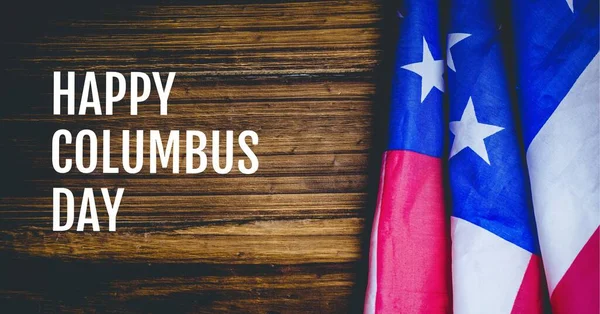 Feliz Texto Columbus Dia Sobre Bandeira Americana Contra Fundo Madeira — Fotografia de Stock