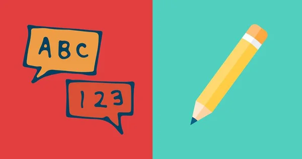 在红色上的语音气泡中的文字缩写和123的组成 在蓝色上的黄色铅笔 教育和学习概念数字生成的图像 — 图库照片