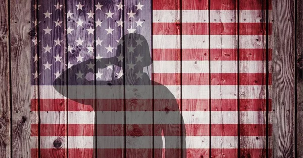 Composition Silhouette Saluting Soldier American Flag Painted Old Wooden Planks — Stock Photo, Image