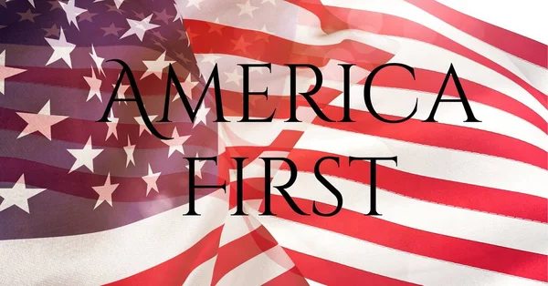Zusammensetzung Des Textes America First Black Über Wehender Amerikanischer Flagge — Stockfoto