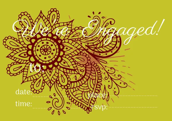 我们是与黄色背景的装饰花卉设计相对应的具有复制空间的专用文本 订婚庆祝和邀请卡模板设计概念 — 图库照片