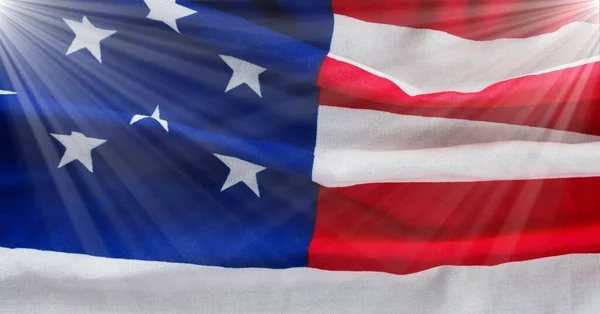 Mancha Luz Sobre Ondear Bandera Americana Sobre Fondo Gris Patriotismo — Foto de Stock