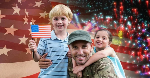 Composition Soldier His Son Daughter Holding American Flag Fireworks American — Stock Photo, Image