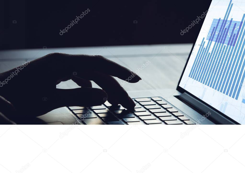 Composition of hand on laptop keyboard with graph information interface on screen. global business, communication and digital interface concept digitally generated image.