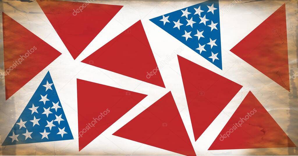 Composition of distressed american flag stars and stripes triangles pattern. united states of america patriotism and independence concept digitally generated image.