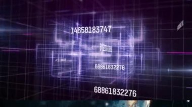 Mor zemin üzerinde parlayan ışık üzerinde değişen ve veri işleme numaralarının animasyonu. küresel veri işleme, teknoloji ve bağlantılar konsepti dijital olarak oluşturulmuş video.