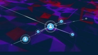 Parlayan mor ışık yollarının üzerindeki insan simgeleriyle bağlantı ağının animasyonu. küresel bağlantılar, teknoloji ve dijital arayüz konsepti dijital olarak oluşturulmuş video.