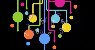 Siyah arkaplan üzerinde değişen sayıların animasyonu ve bağlantı ağı. küresel ağlar ve bağlantılar, dijital arayüz konsepti dijital olarak oluşturulmuş video.