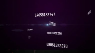 Mor arkaplanda parlayan ışıkta değişen sayıların animasyonu. küresel veri işleme, teknoloji ve bağlantılar konsepti dijital olarak oluşturulmuş video.