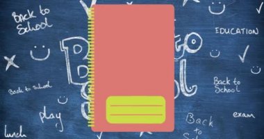 Okul karalamalarıyla kırmızı defter ve sarı kalemlerin animasyonu. okul, eğitim ve öğrenim konsepti dijital olarak oluşturulmuş video.