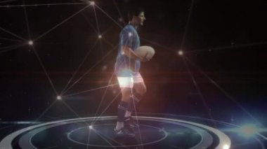 Top ve bilgi işleme ile çalışan ragbi oyuncusu üzerinde ağ ve tarayıcının animasyonu. küresel iletişim teknolojisi ve spor konsepti, dijital olarak üretilen video.