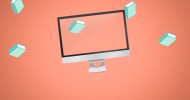 Düşen mavi defterlerin animasyonu ve pembe üzerine bilgisayar ekranı. okul, eğitim ve öğrenim konsepti dijital olarak oluşturulmuş video.