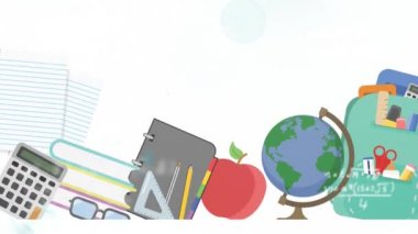 Matematiksel denklemlerin animasyonu ve beyaz arkaplanda okul simgeleri. eğitim, bilim, öğrenme ve bilgi konsepti dijital olarak oluşturulmuş video.