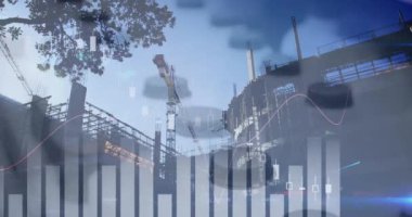 İnşaat alanındaki finansal veri işleme animasyonu. küresel iş, veri işleme ve teknoloji konsepti dijital olarak oluşturulmuş video.