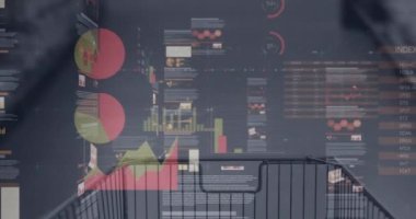 İstatistiklerin animasyonu, alışveriş arabasıyla finansal veri işleme. küresel çevrimiçi alışveriş, veri işleme ve dijital arayüz kavramı dijital olarak oluşturulmuş video.