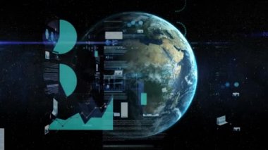 Tüm dünyada istatistik ve veri işleme animasyonları. küresel iş, ağlar, bağlantılar ve dijital arayüz konsepti dijital olarak oluşturulmuş video.