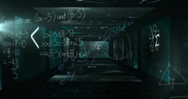 Ekranlar üzerinde veri işleme ve matematiksel denklemlerin animasyonu. küresel bilim, veri işleme, teknoloji ve bağlantı konsepti dijital olarak oluşturulmuş video.