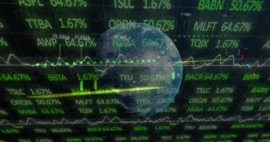 Küresel ve finansal veri işleme animasyonu. küresel iş, finans, bağlantılar ve dijital arayüz konsepti dijital olarak oluşturulmuş video.