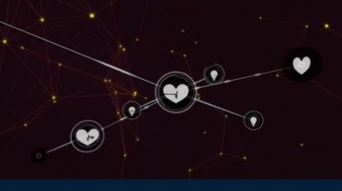 Siyah arkaplandaki kalp simgeleriyle bağlantı ağının animasyonu. küresel bağlantılar, teknoloji ve dijital arayüz konsepti dijital olarak oluşturulmuş video.