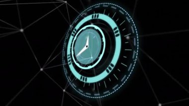 Bağlantı ağlarıyla birlikte saatin animasyonu hızla ilerliyor. küresel bilim, ağlar, teknoloji ve bağlantılar konsepti dijital olarak oluşturulmuş video.