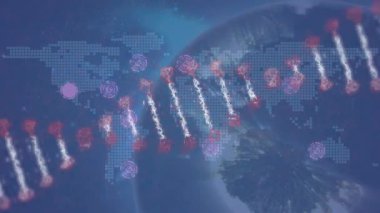 DNA iplikçiklerinin animasyonu, mavi arkaplandaki dünya haritasıyla bağlantı ağı. küresel bilim, bağlantılar, dijital arayüz ve teknoloji konsepti dijital olarak oluşturulmuş video.
