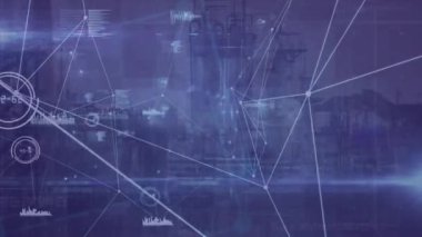 Mor arkaplandaki şehir manzarası üzerinden veri işleme ağı ile bağlantıların animasyonu. küresel bağlantılar ve ağlar konsepti dijital olarak oluşturulmuş video.