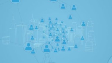 Mavi arka planda, üç boyutlu şehir manzarası üzerinde insanlarla olan bağlantı ağlarının canlandırılması. küresel mimari, bağlantılar ve ağlar konsepti dijital olarak oluşturulmuş video.