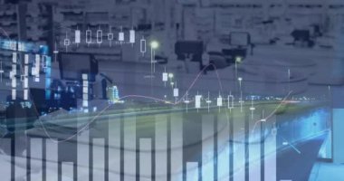 Boş bir dükkanda istatistik ve veri işleme animasyonu. küresel iş, teknoloji ve veri işleme kavramı dijital olarak oluşturulmuş video.