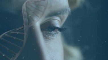 Kadının mavi gözünün üzerinde DNA ipliği var. küresel bilim, araştırma, veri işleme ve teknoloji konsepti dijital olarak oluşturulmuş video.