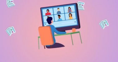 Ders kitaplarının düşmesi üzerine okula geri dönen mesajların animasyonu ve bilgisayardan aranan kişi, pembe. okul, eğitim ve öğrenim konsepti dijital olarak oluşturulmuş video.