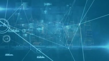 Mavi zemin üzerinde 3D şehir manzarası üzerinde çalışan istatistiklerle bağlantılı ağların animasyonu. küresel mimari, bağlantılar ve ağlar konsepti dijital olarak oluşturulmuş video.