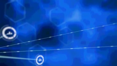 Mavi altıgenlerin üzerindeki simgelerle bağlantı ağlarının animasyonu. küresel veri işleme, ağlar, bağlantılar ve dijital arayüz konsepti dijital olarak oluşturulmuş video.