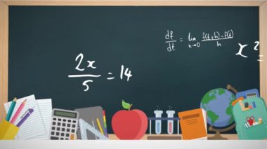 Matematiksel denklemlerin animasyonu ve kara tahtalı okul simgeleri. eğitim, bilim, öğrenme ve bilgi konsepti dijital olarak oluşturulmuş video.