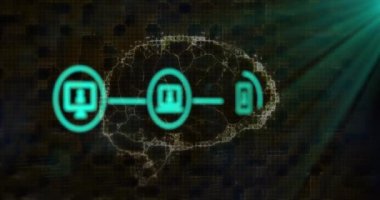 Bağlı dijital iletişim medya simgelerinin ve dönen beyinlerin siyaha uyarlanması. küresel iletişim teknolojisi ve dijital veri ağı konsepti, dijital olarak oluşturulmuş video.