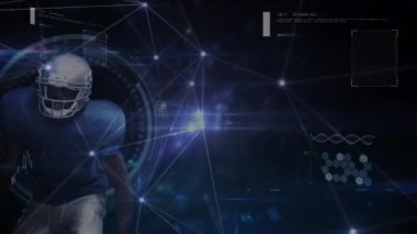 Parlak ağ, dünya ve bilgi işlemlerinin Amerikan futbolcusu üzerinden yürütülmesi. küresel iletişim teknolojisi ve spor konsepti, dijital olarak üretilen video.