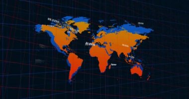 Dünya haritası ile değişen numaraların animasyonu ve veri işleme. küresel veri işleme ve dijital arayüz konsepti dijital olarak oluşturulmuş video.