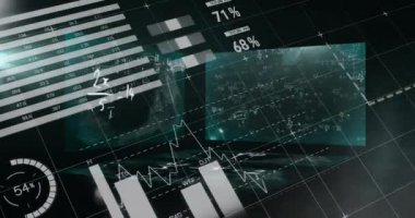 Hareket eden denklemlerin animasyonu ve arayüzdeki istatistiksel bilgi grafikleri. dijital arayüz teknolojisi, iş ve bilgi paylaşım konsepti, dijital olarak oluşturulmuş video.