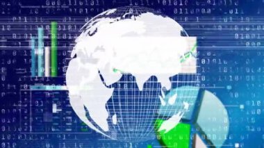 Veri işleme ile küresel, istatistik ve ikili kodlama animasyonları. Dijital arayüz ve ağlar konsepti dijital olarak oluşturuldu.