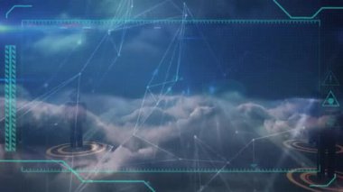 Karanlık bulutlu gökyüzünde insan simgeleriyle bağlantı ağının animasyonu. küresel bağlantılar, teknoloji ve veri işleme kavramı dijital olarak oluşturuldu