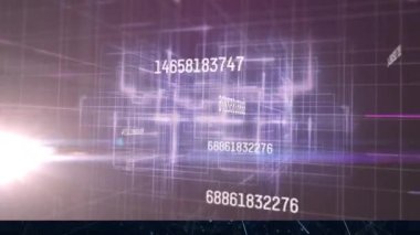 Mor zemin üzerinde parlayan ışıkta değişen sayıların animasyonu. küresel veri işleme, teknoloji ve bağlantılar konsepti dijital olarak oluşturulmuş video.